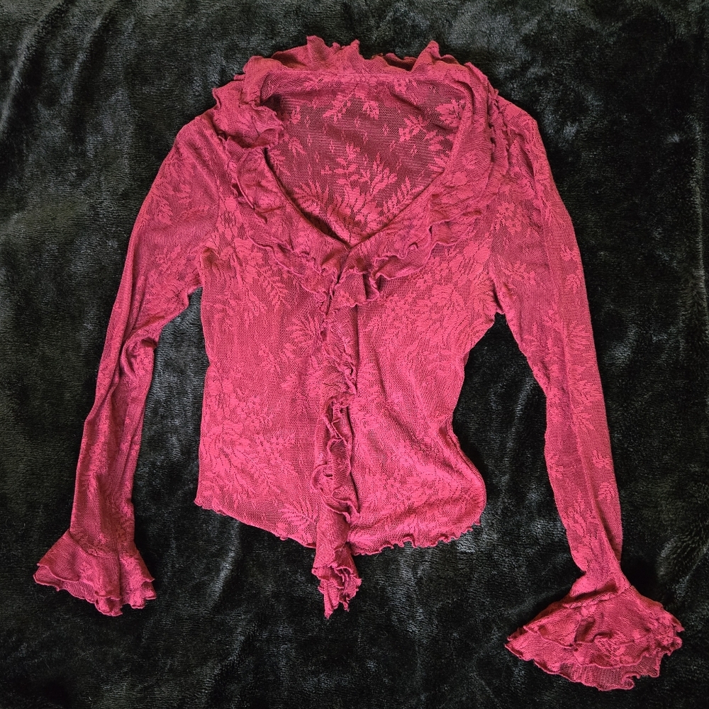 Sheer Mesh Floral Red Ruffled Women's Top